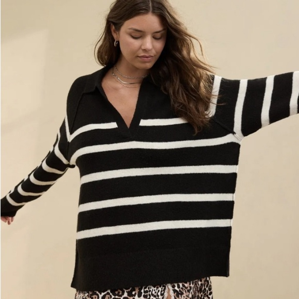 Aerie Black and White Striped V-Neck Sweater
